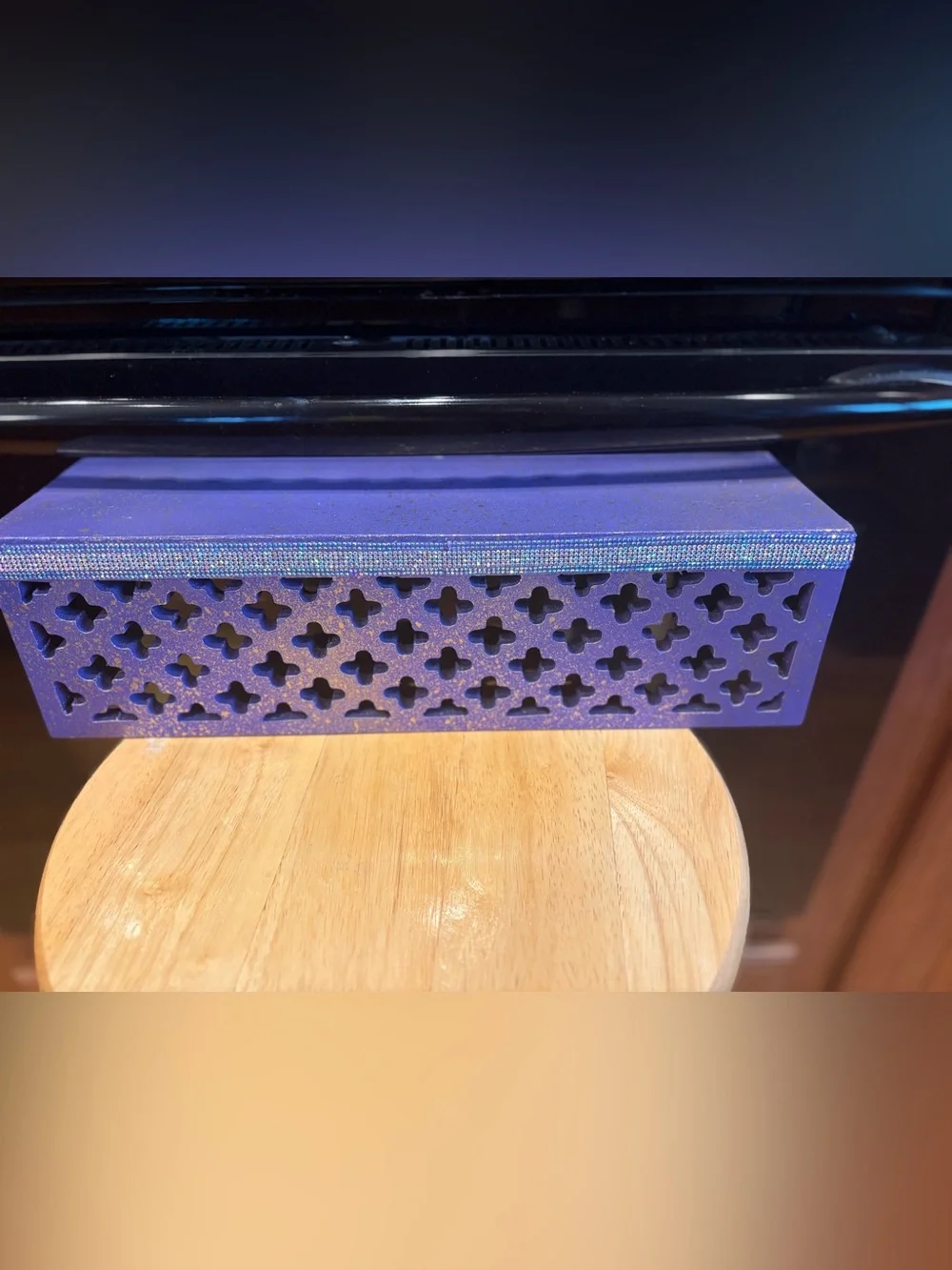 Floating wall shelf purple with metallic gold, splash, and rhinestone trim